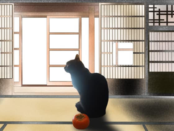 座敷の猫と柿.jpg